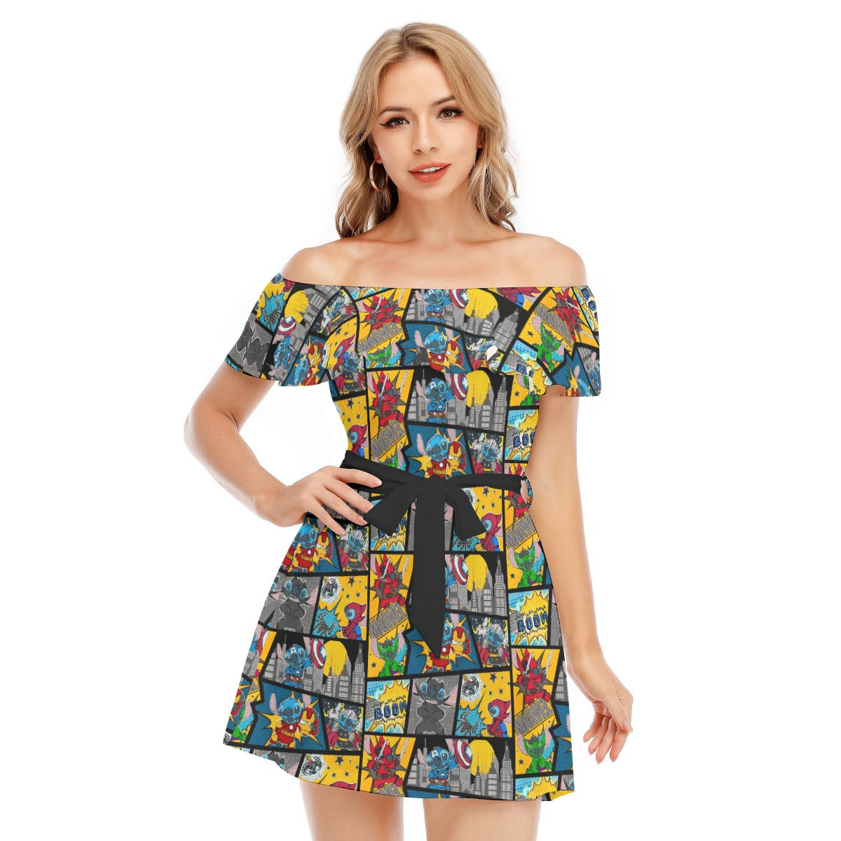 Superhero Stitch - Comic Action - Women's Off-shoulder Ruffle Dress