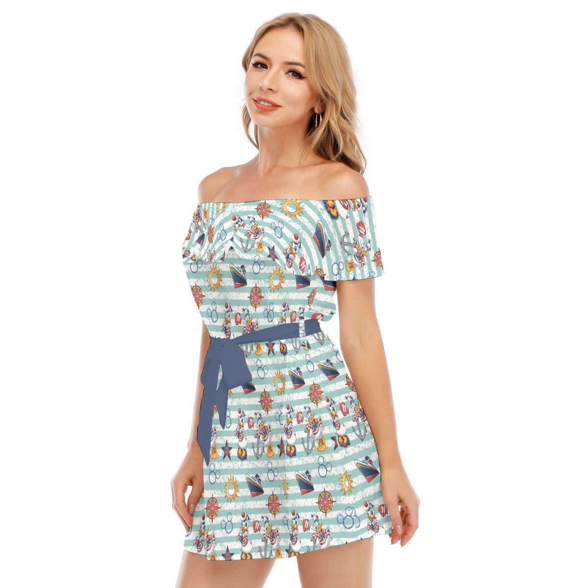 Sailor Duo on Deck - Women's Off-shoulder Ruffle Dress