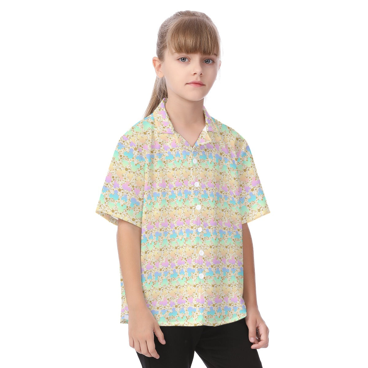 Gold Dot Rainbow Mouse Ears Castle - Kid's Hawaiian Button Up Shirt