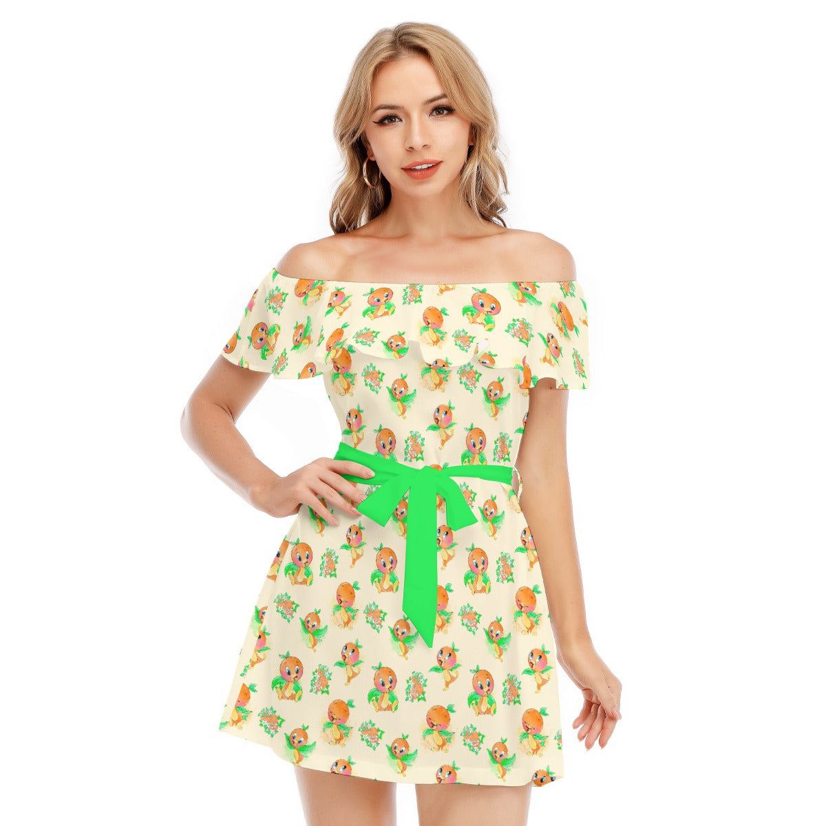 Citrus Charm Bird - Women's Off-shoulder Ruffle Dress