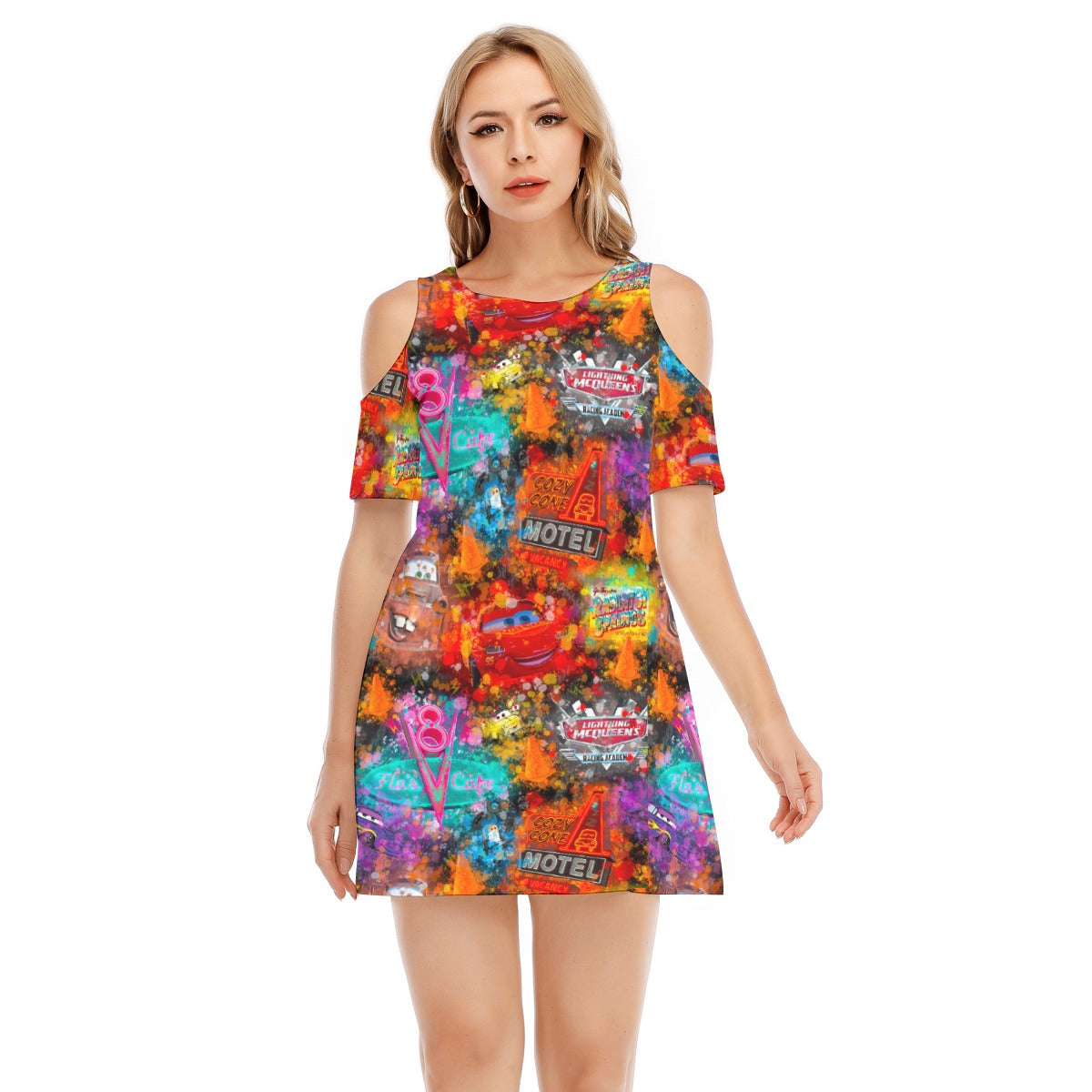 Watercolor Racing Adventure - Women's Cold Shoulder Cotton Dress
