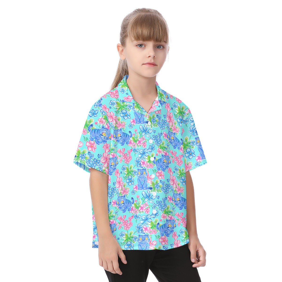 Derpy Tiger Blooms - Kid's Hawaiian Button Up Shirt