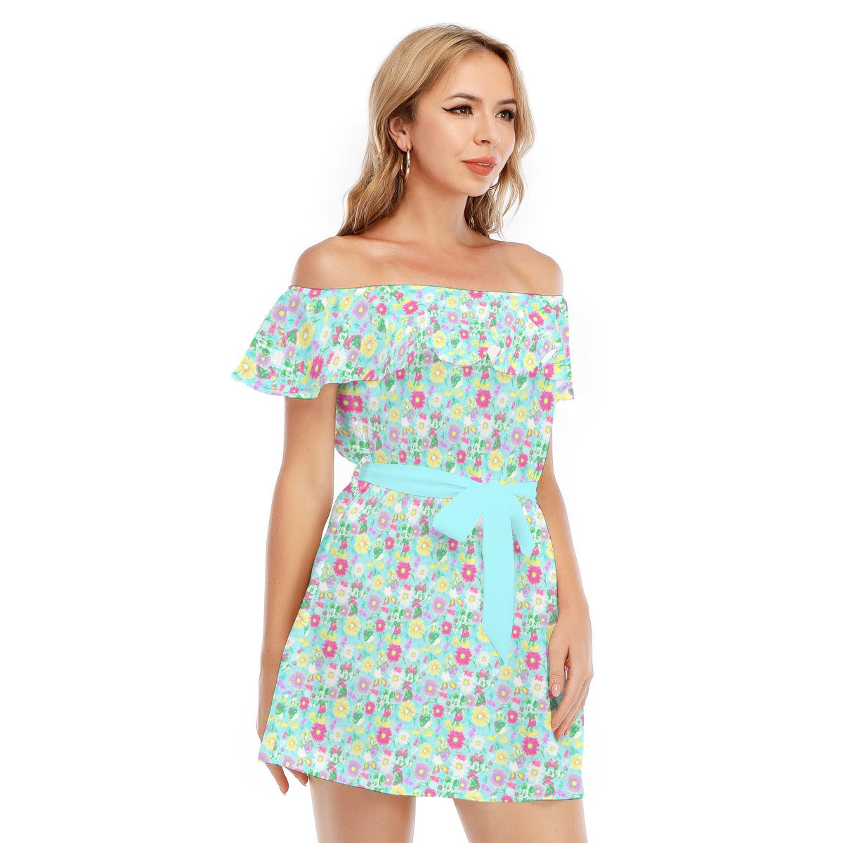 Neon Spring Floral Friends - Women's Off-shoulder Ruffle Dress
