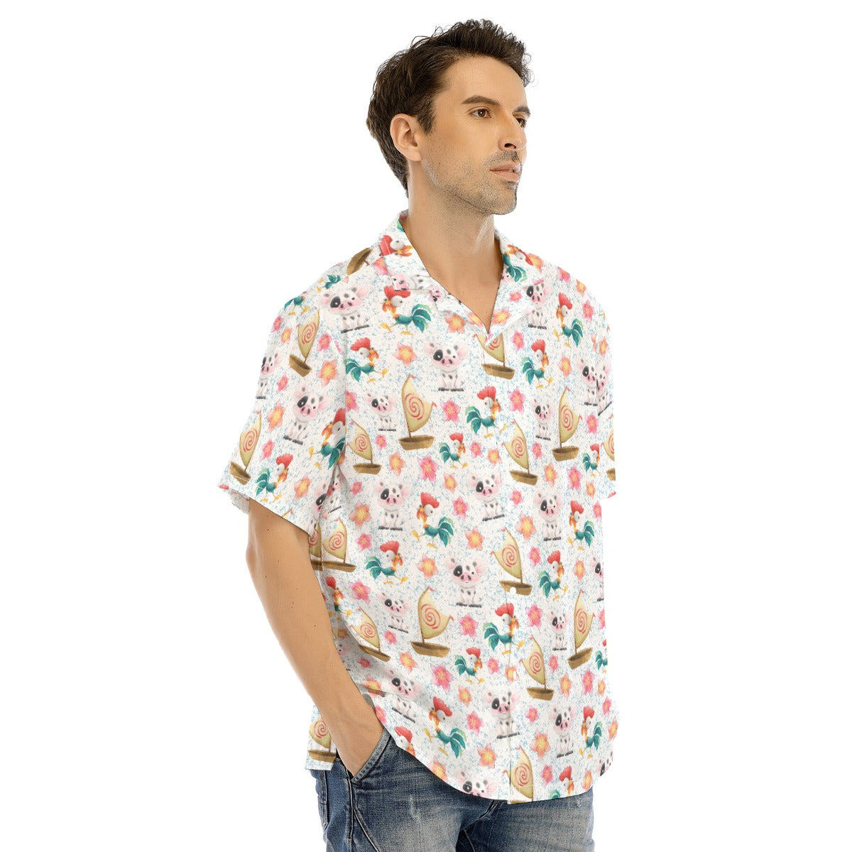 Island Pig & Rooster Duo - Men's Hawaiian Button Up Shirt