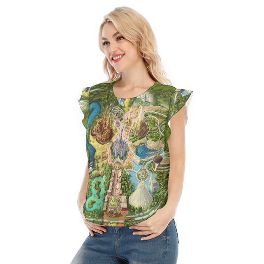 Colorful Theme Park Map - Women’s Flutter Sleeve Top