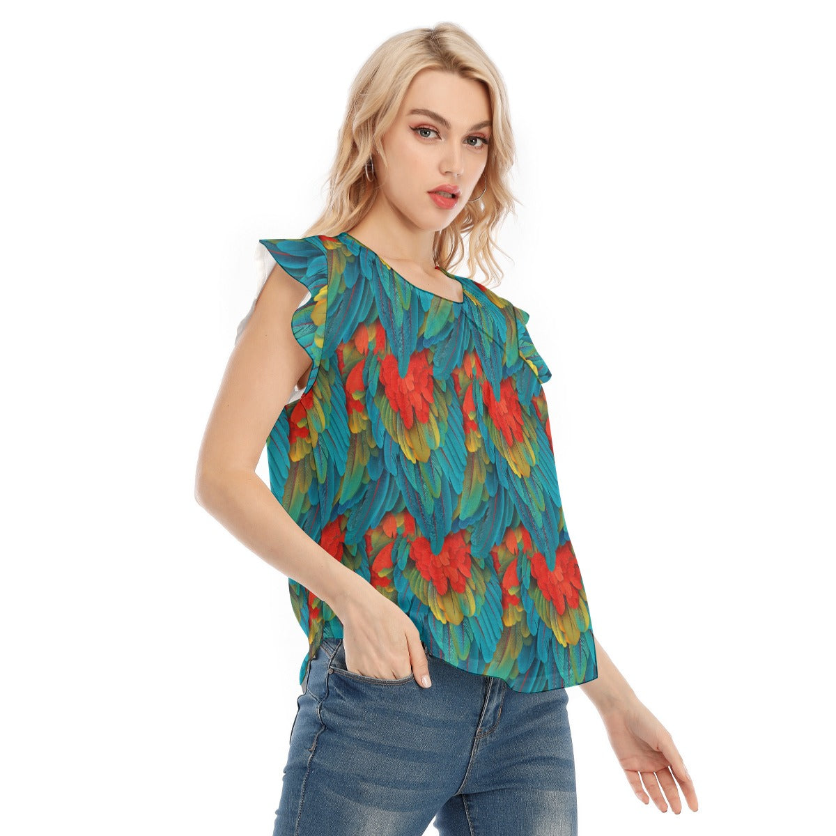 Animal Print - Macaw Parrot - Women’s Flutter Sleeve Top
