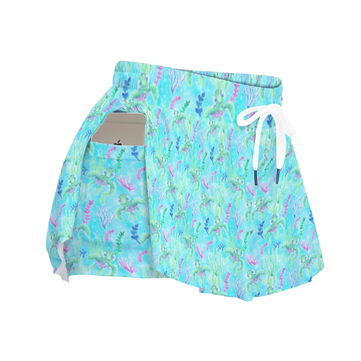 Neon Floral Baby Turtle - Women's Flowy Pocket Shorts