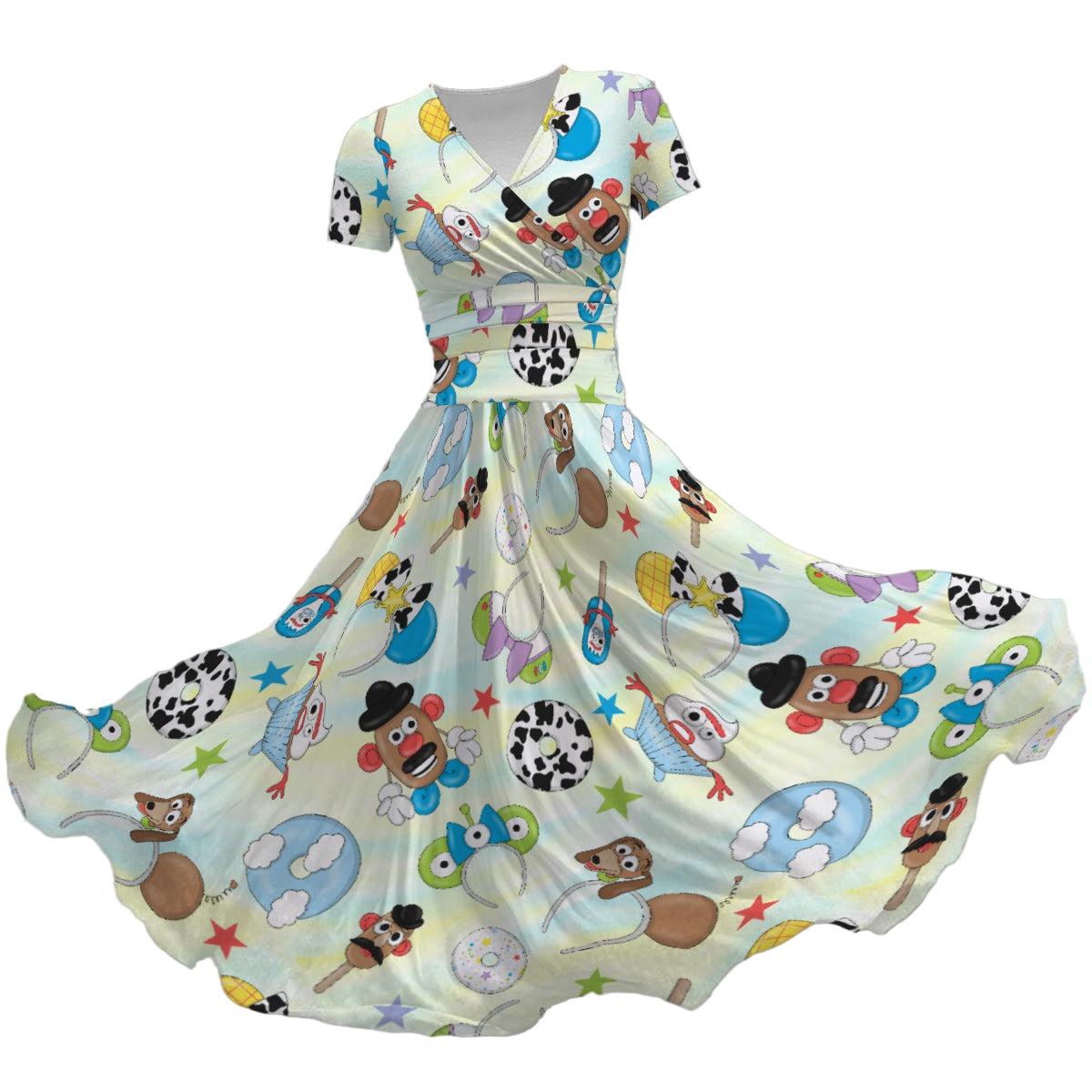 Playful Toy Style Icons - Women's V-Neck Ruched Midi Dress