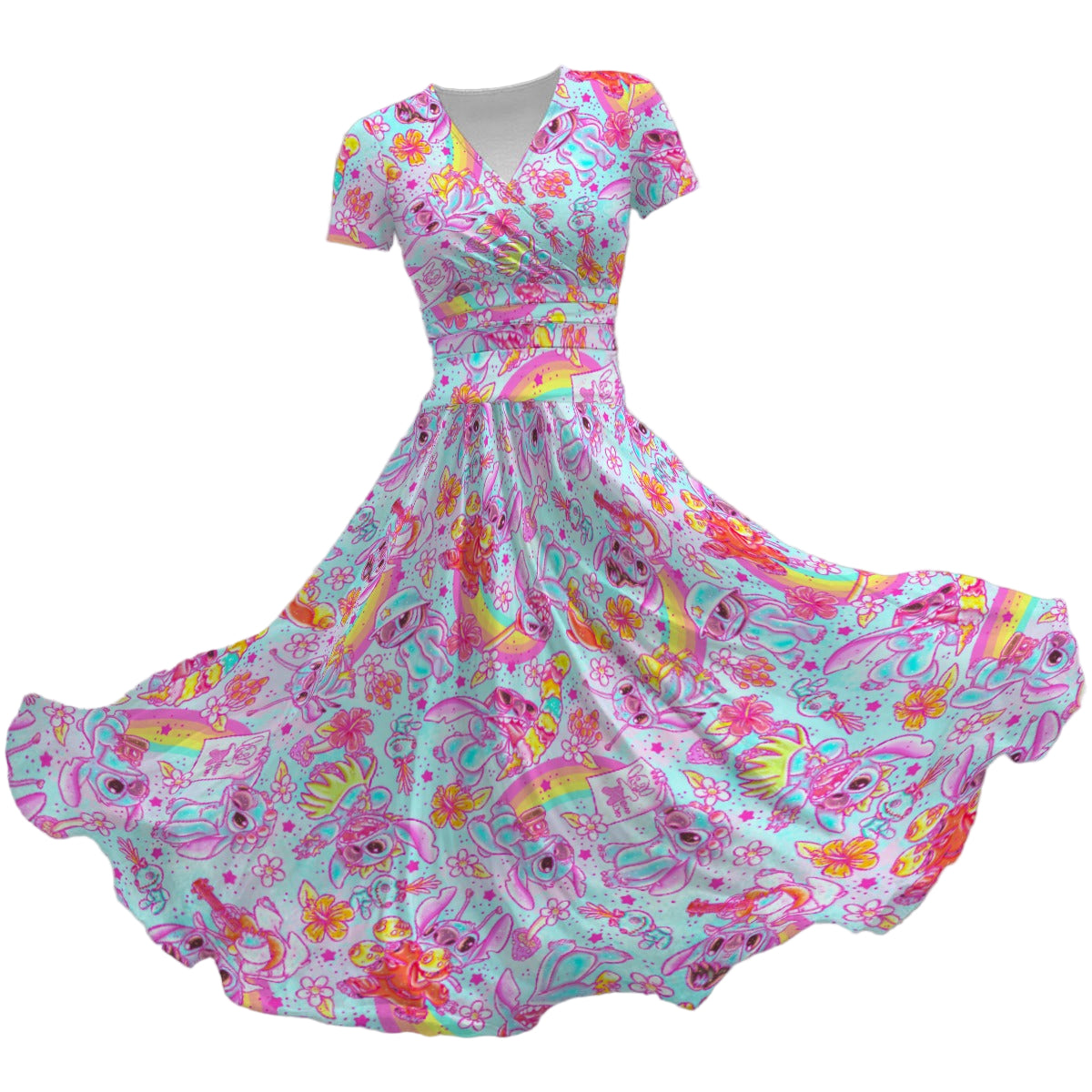 Neon Rainbow Mischief - Women's V-Neck Ruched Midi Dress