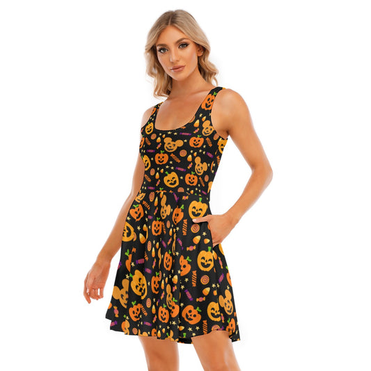 Cheerful Pumpkin Mouse Halloween - Women's Sleeveless Pocket Skater Dress