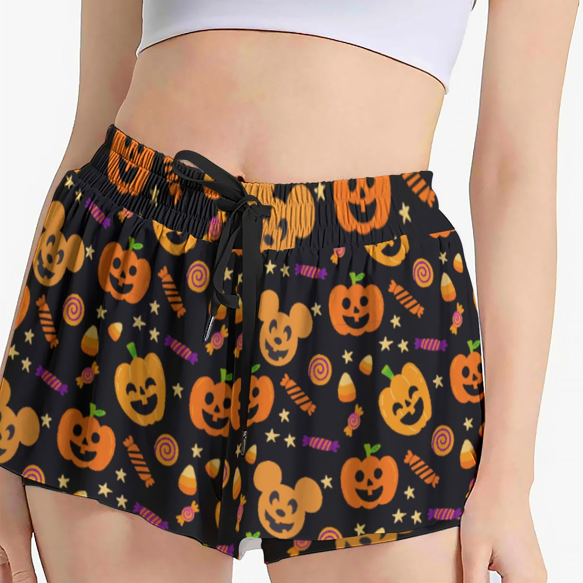 Cheerful Pumpkin Mouse Halloween - Women's Flowy Pocket Shorts