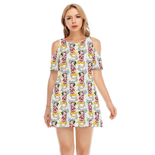Santa Mouse Celebration - Women's Cold Shoulder Cotton Dress
