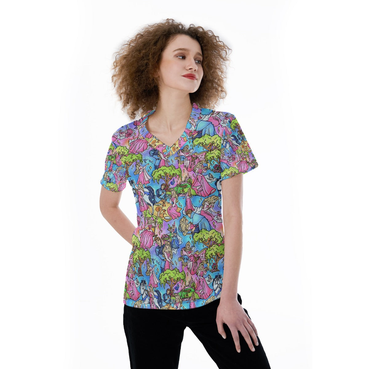 Dreaming Princess Storybook Scenes - Women's Short Sleeve V-Neck T-Shirt
