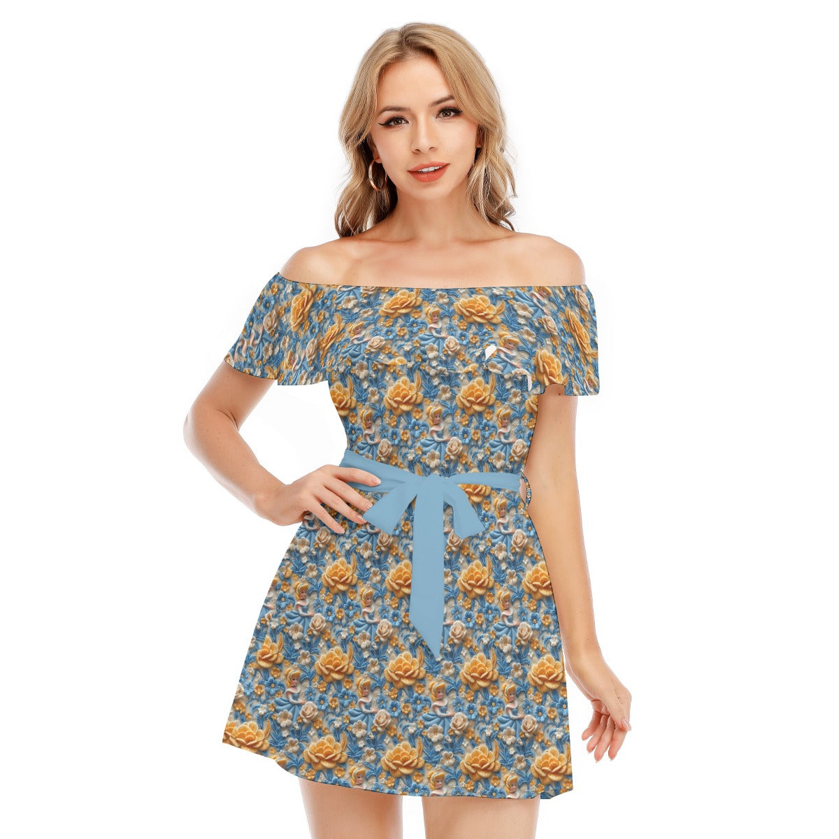 Regal Embroidered Royal Maiden - Women's Off-shoulder Ruffle Dress