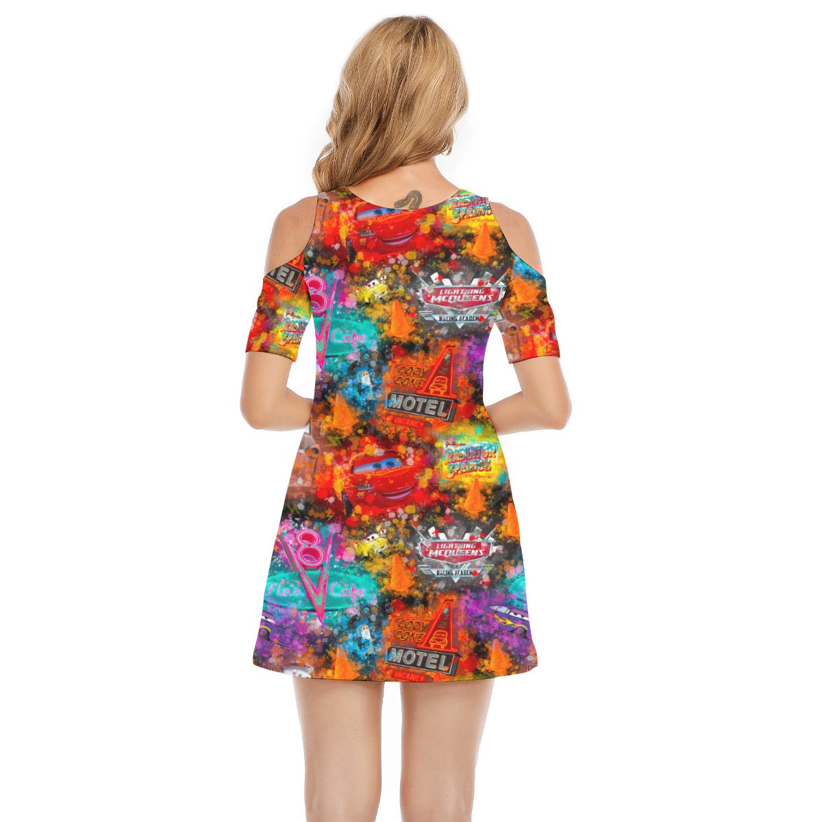 Watercolor Racing Adventure - Women's Cold Shoulder Cotton Dress