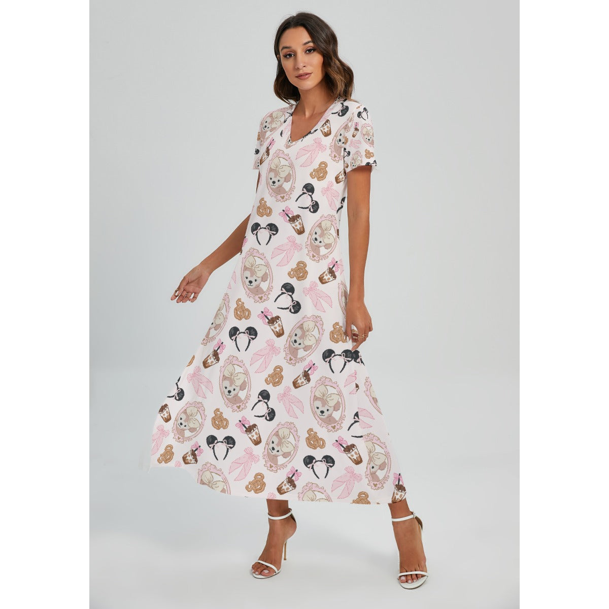 Bow Bear Sweet Day - Women's V-Neck Side Split Maxi Dress