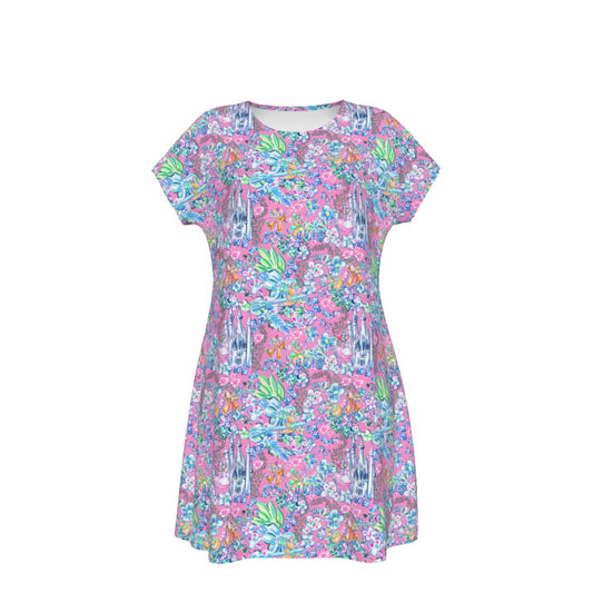 Bright Tropical Dreams - Enchanted Squeaky Helpers - Women's T-Shirt Dress