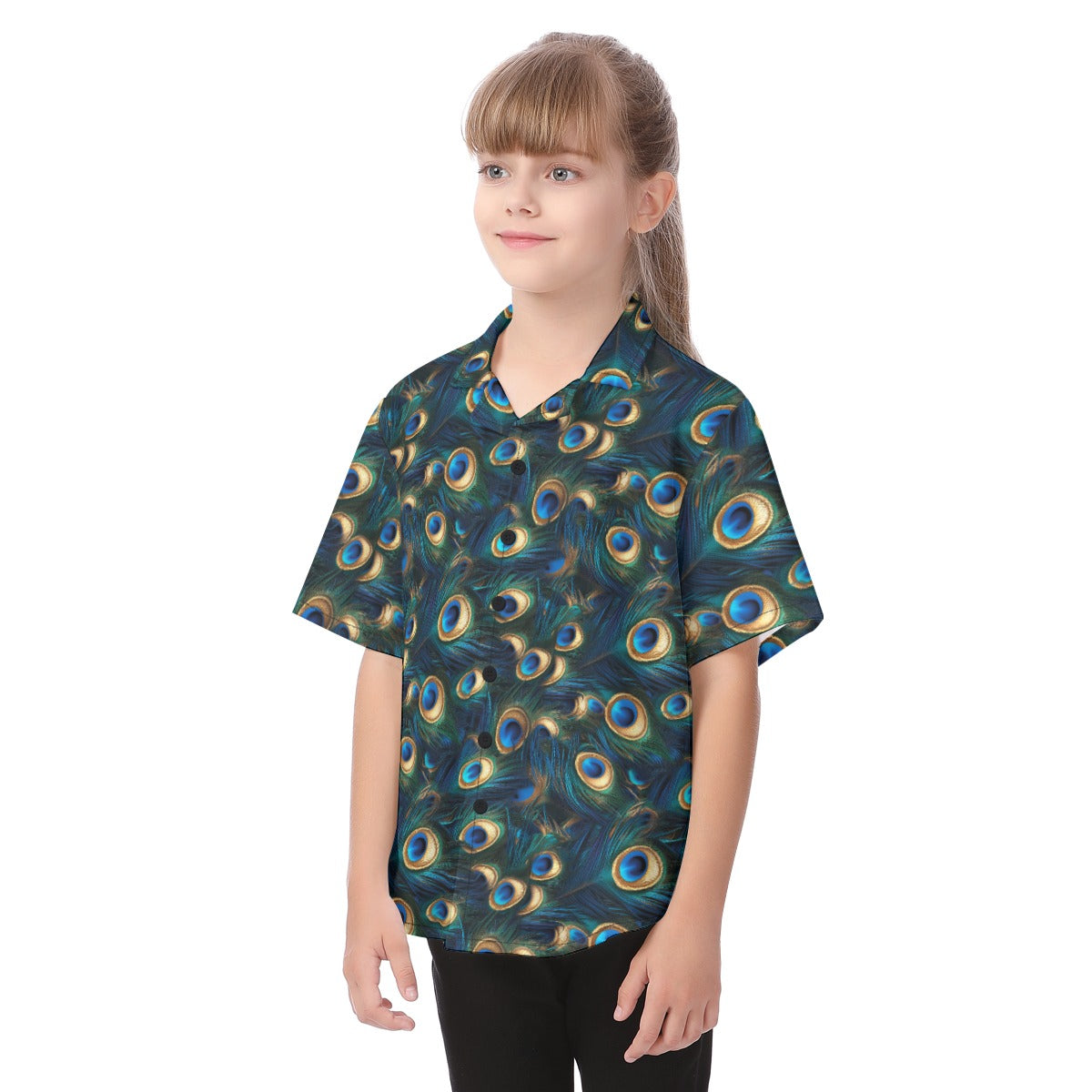 Animal Print - Peacock - Kid's Hawaiian Button Up Shirt