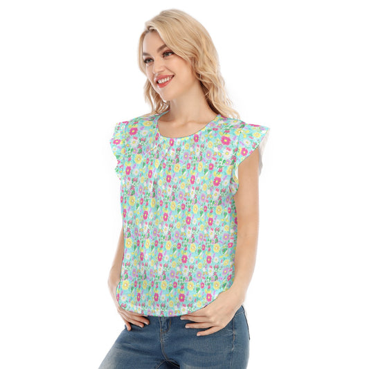 Neon Spring Floral Friends - Women’s Flutter Sleeve Top