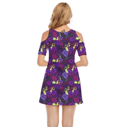 Fairytale Florals - Dark Enchantress - Women's Cold Shoulder Cotton Dress