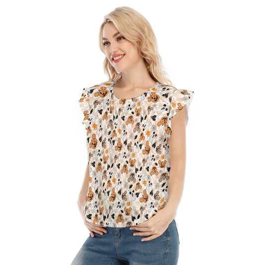 Checkered Halloween Ghosts & Pumpkins - Women’s Flutter Sleeve Top