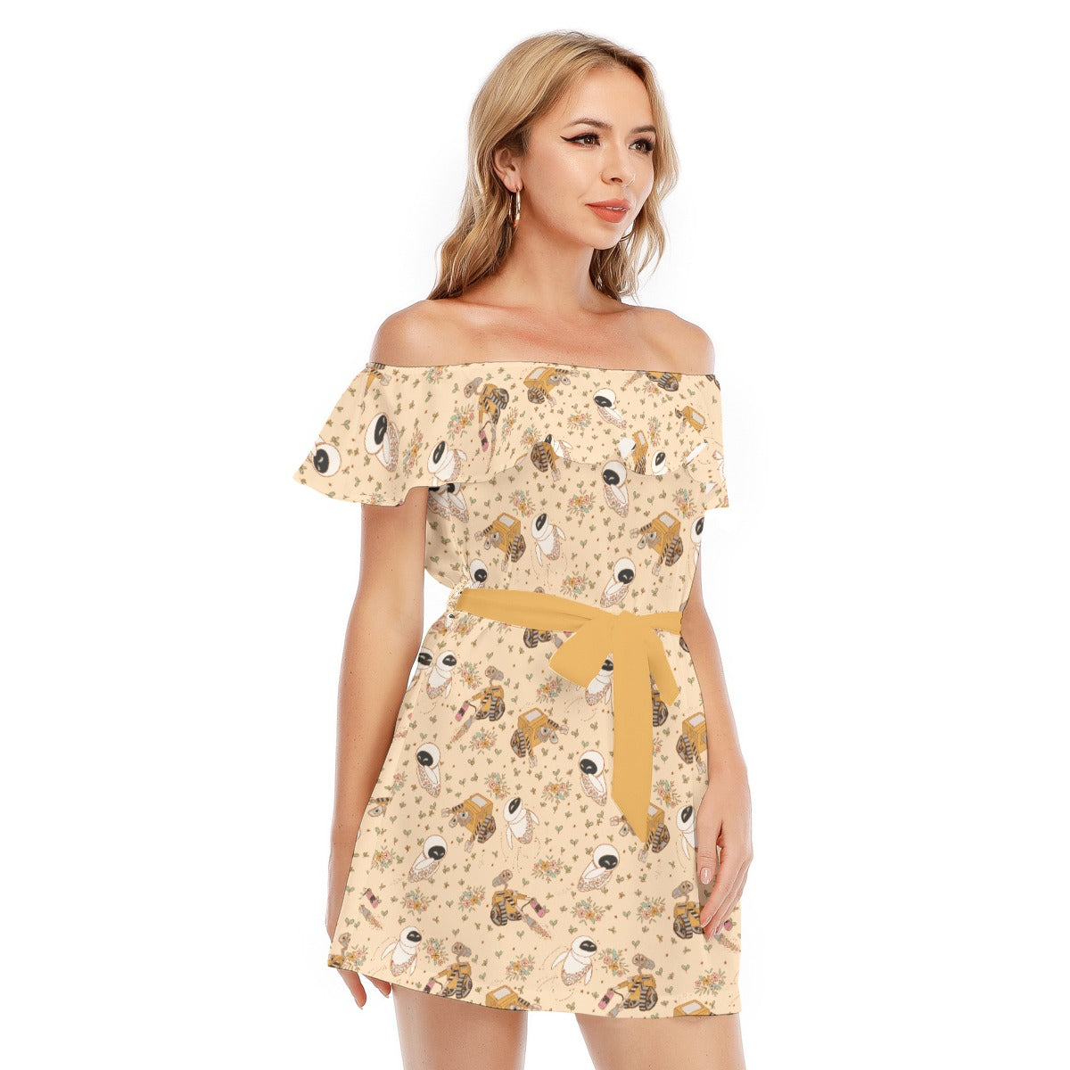 Botanical Robot Love Story - Women's Off-shoulder Ruffle Dress