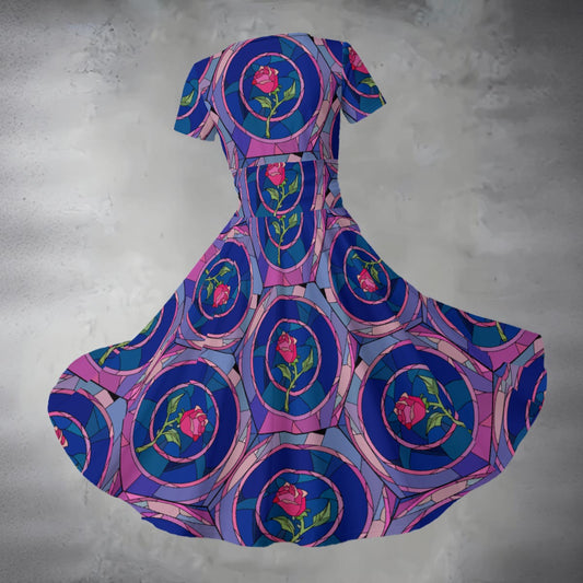 Enchanted Rose Stained Glass - Women's V-Neck Ruched Midi Dress