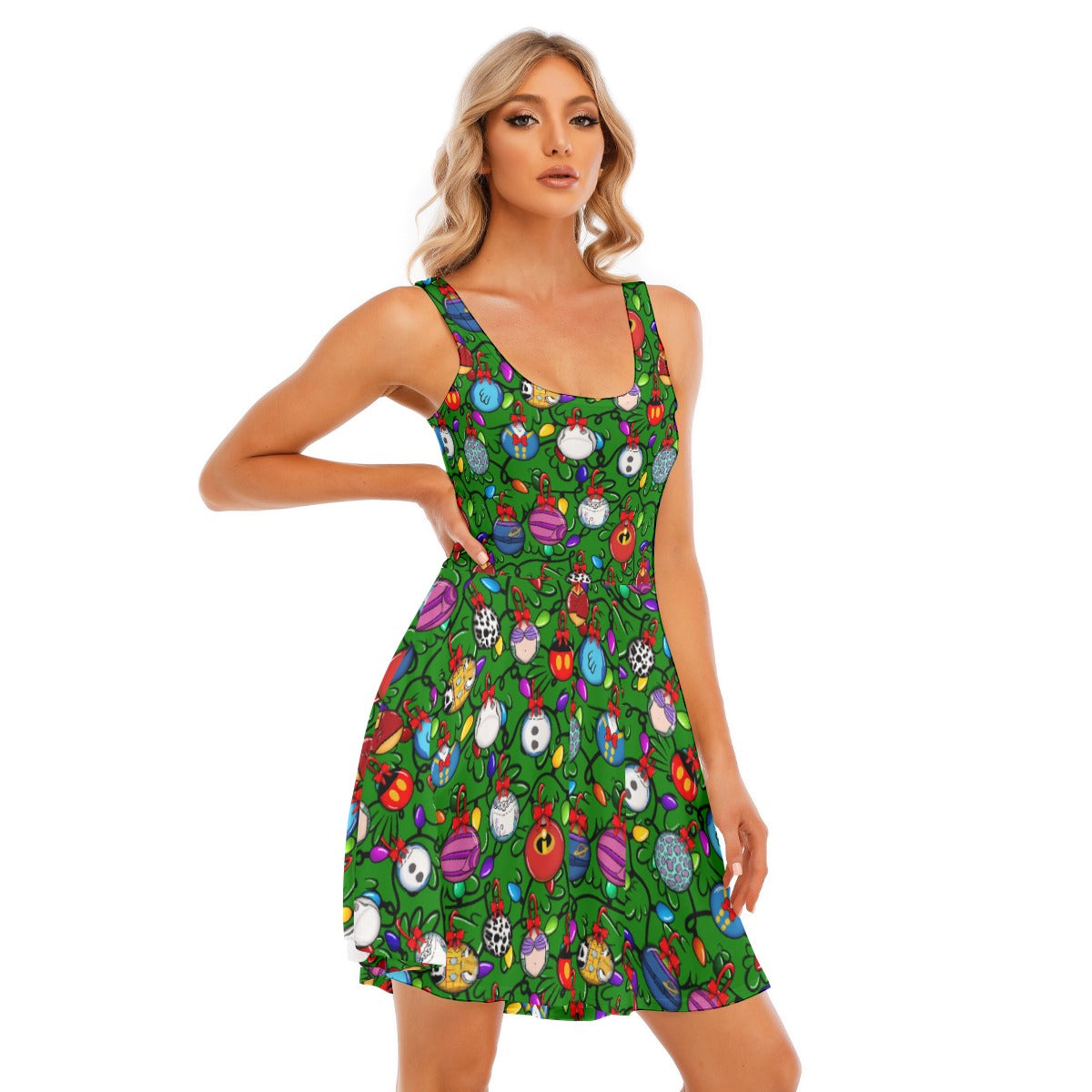 Festive Character Baubles on Green - Women's Sleeveless Pocket Skater Dress