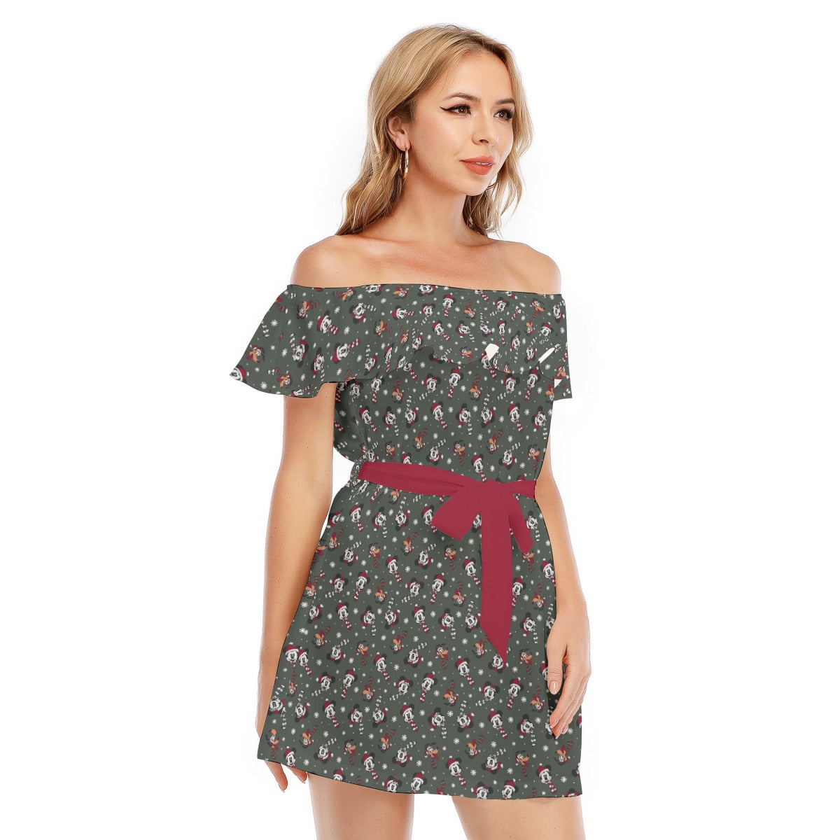 Vintage Holiday Friends - Women's Off-shoulder Ruffle Dress