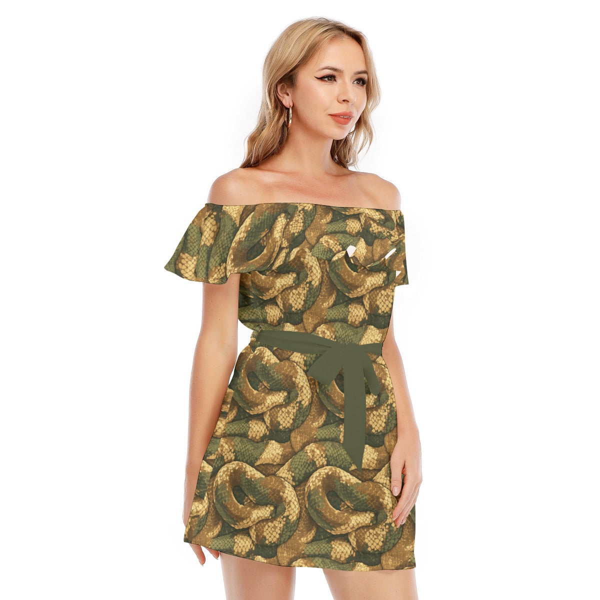 Animal Print - Snake - Women's Off-shoulder Ruffle Dress