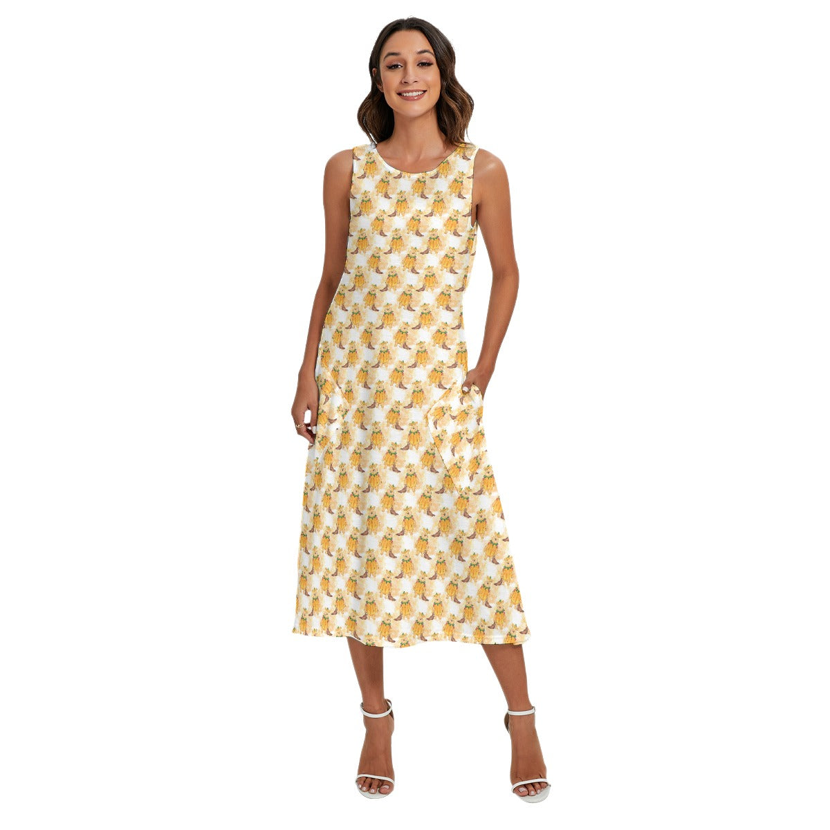Pumpkin Bear Mischief - Women’s Diagonal Pocket Midi Dress
