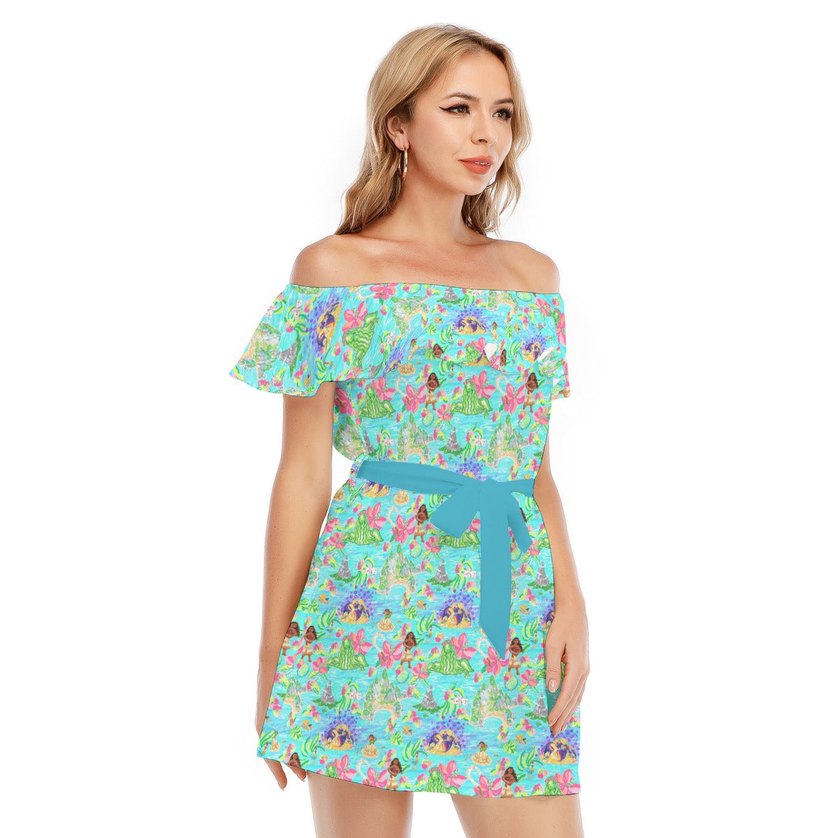 Tropical Island Paradise - Women's Off-shoulder Ruffle Dress