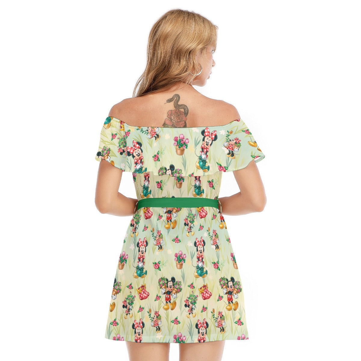 Garden Mouse Helpers at Work - Women's Off-shoulder Ruffle Dress