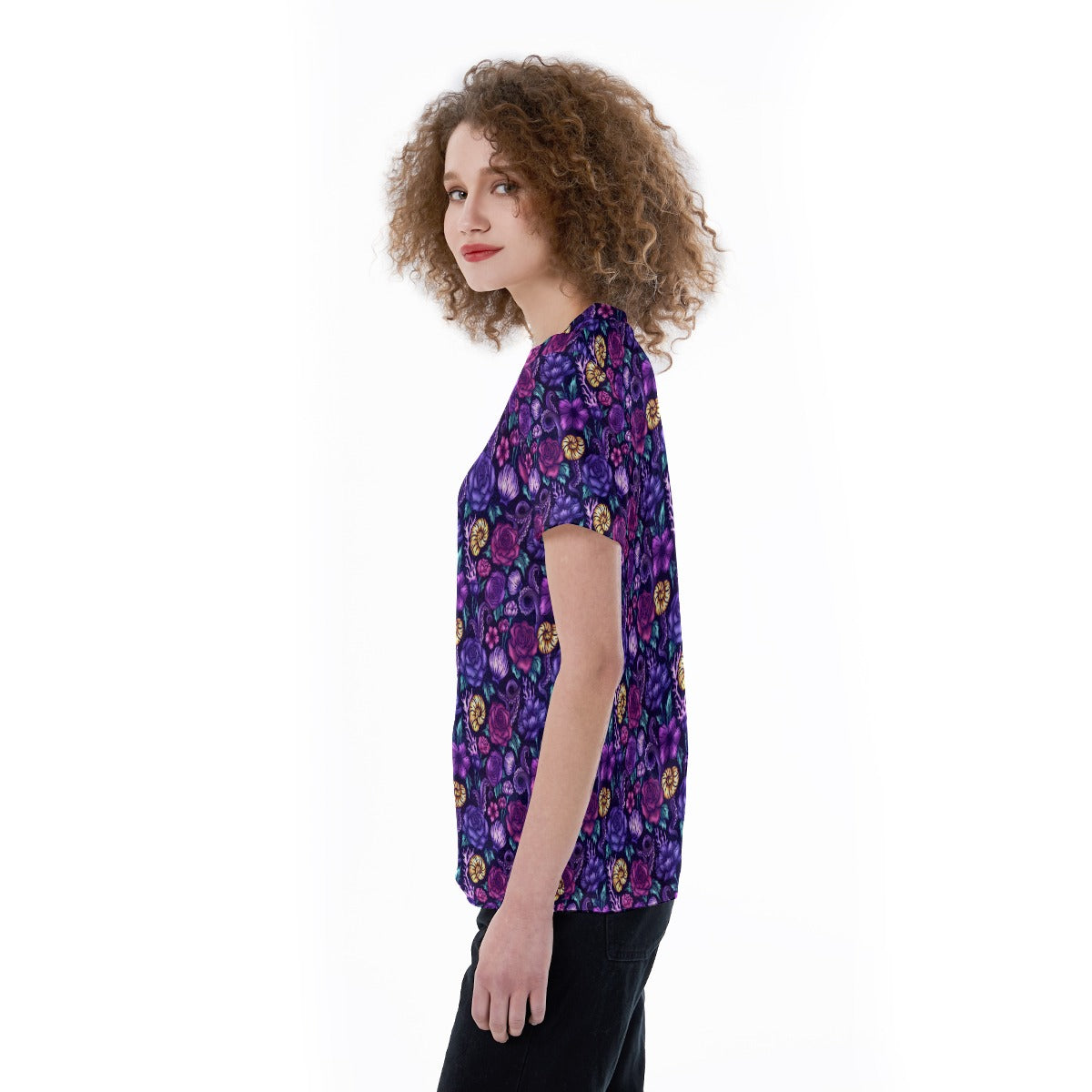 Fairytale Florals – Dark Sea Witch - Women's Short Sleeve V-Neck T-Shirt