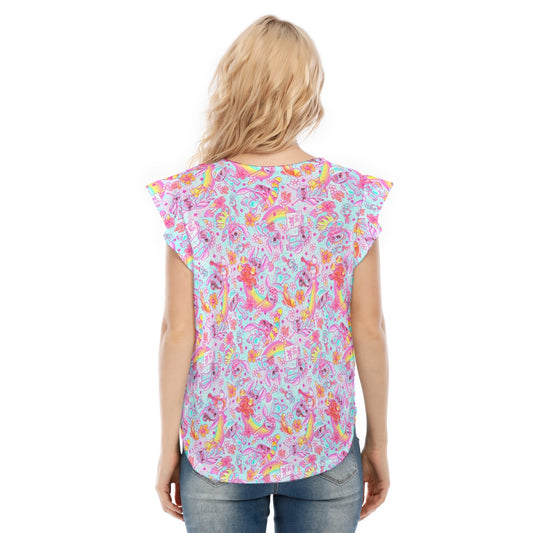 Neon Rainbow Mischief - Women’s Flutter Sleeve Top