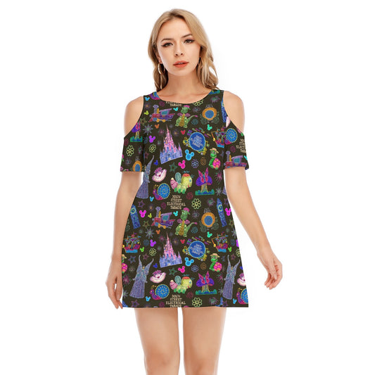 Main Street Neon Parade - Women's Cold Shoulder Cotton Dress