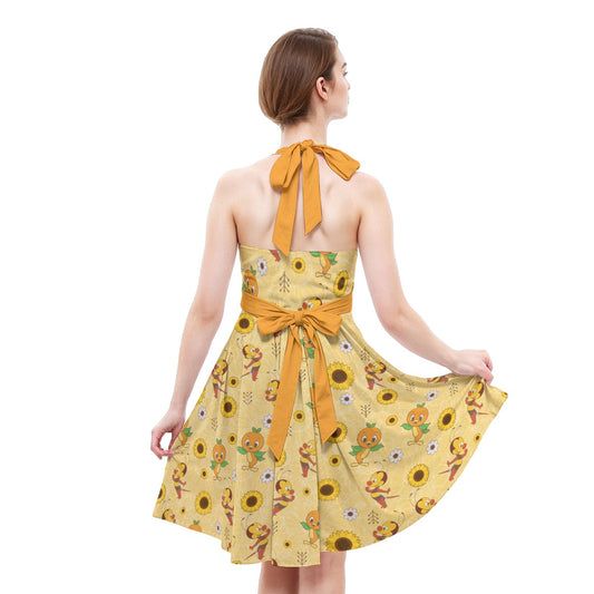 Cheerful Bee & Citrus Bird - Women's Halter Vintage Pocket Dress