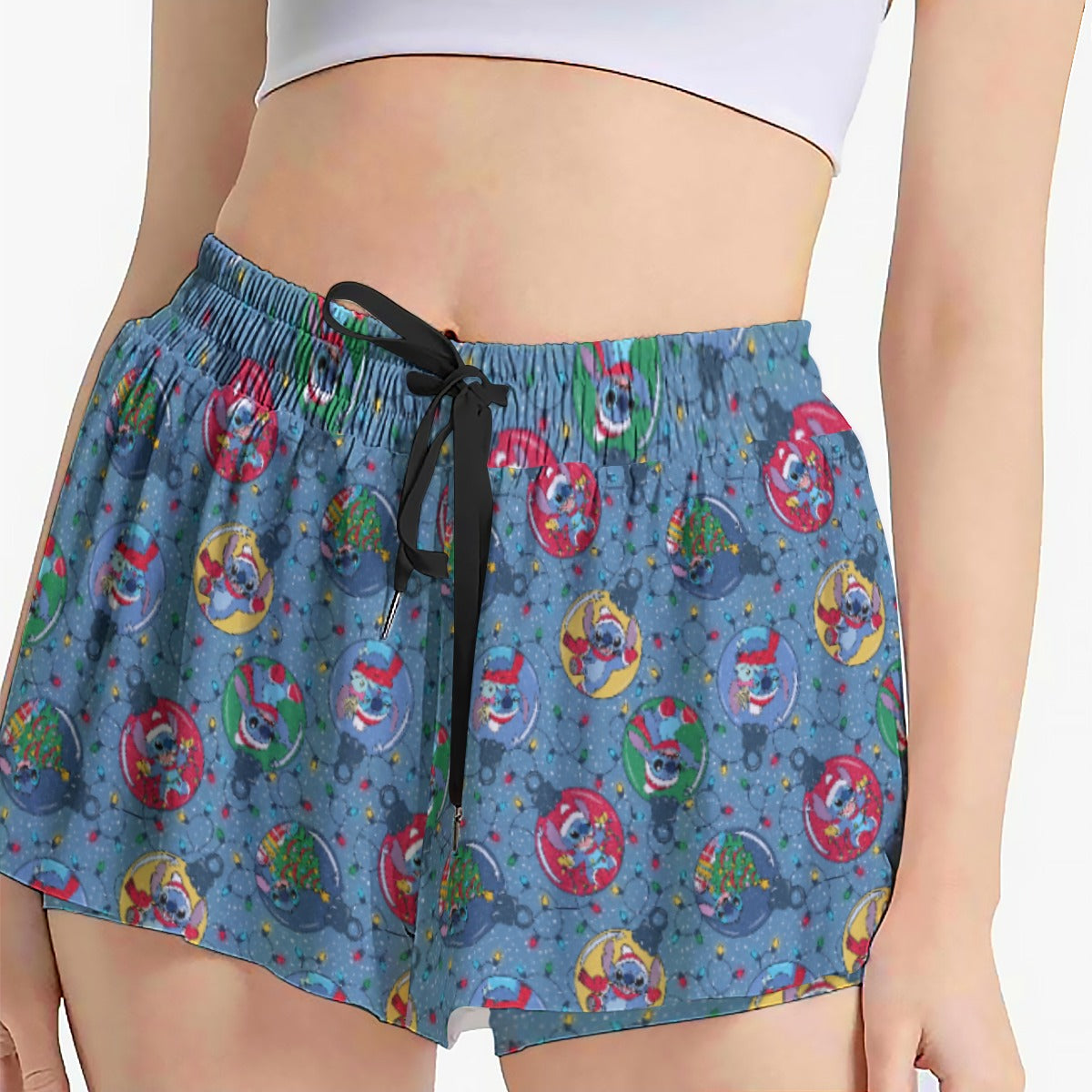 Holiday Baubles with Mischievous Blue Alien - Women's Flowy Pocket Shorts
