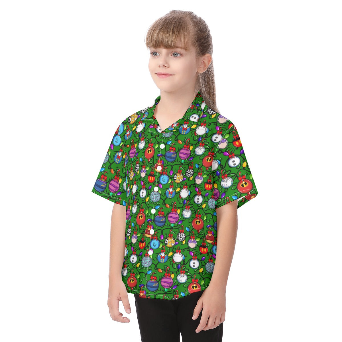 Festive Character Baubles on Green - Kid's Hawaiian Button Up Shirt