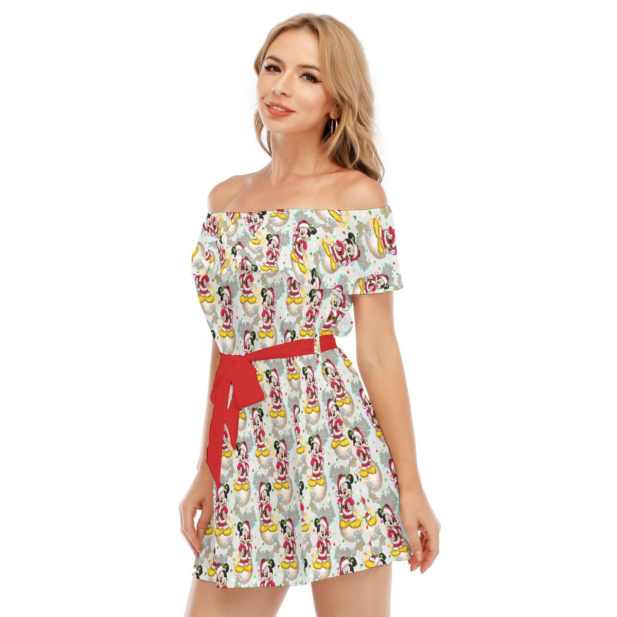 Santa Mouse Celebration - Women's Off-shoulder Ruffle Dress