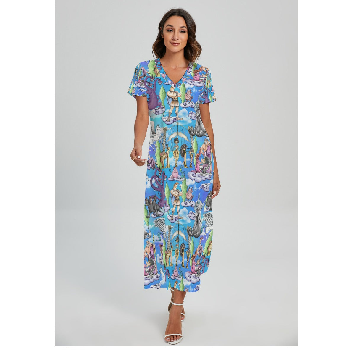 Mythic Hero Chaos Clouds - Women's V-Neck Side Split Maxi Dress