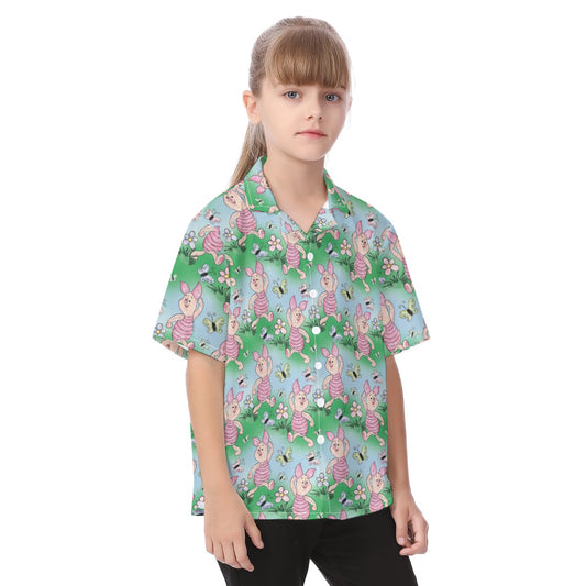 Sketched Shy Friend and Butterflies - Kid's Hawaiian Button Up Shirt