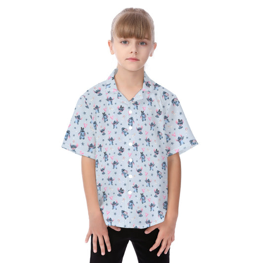 Happy Blue Alien - Kid's Hawaiian Button Up Shirt