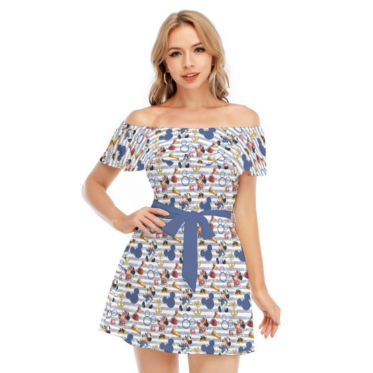 Captain and First Mate at Sea - Women's Off-shoulder Ruffle Dress
