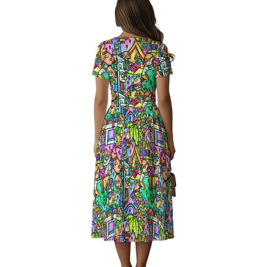 Balloon House Adventure Scenes - Women's V-Neck Ruched Midi Dress