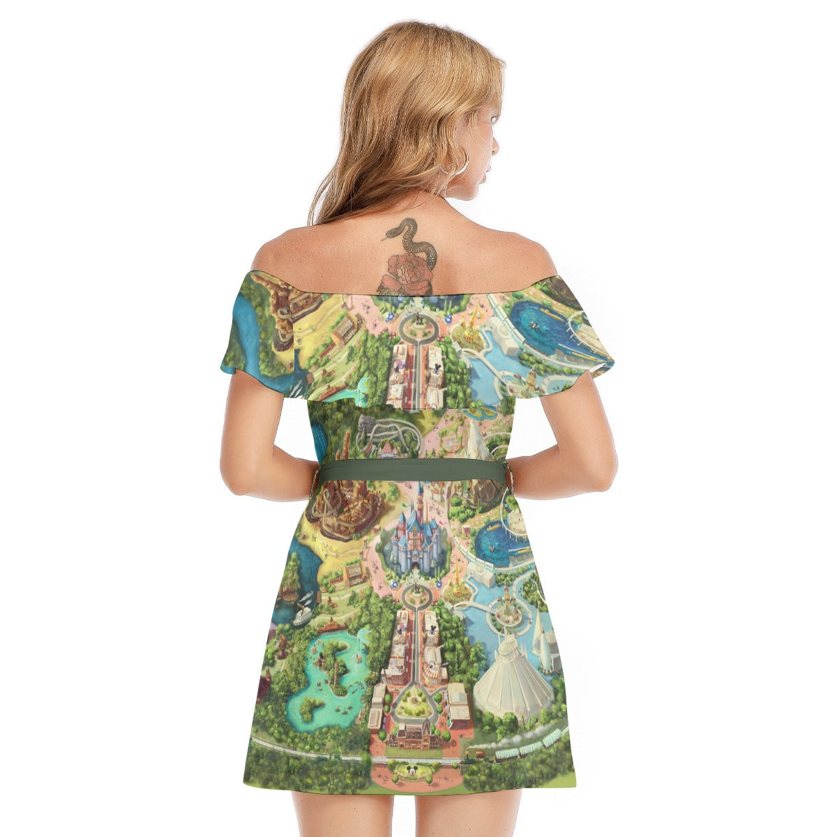 Colorful Theme Park Map - Women's Off-shoulder Ruffle Dress