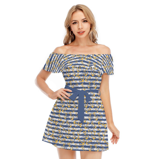 Nautical Mouse Ear Anchors - Women's Off-shoulder Ruffle Dress