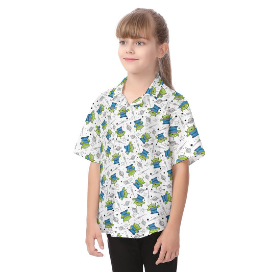 Playful Green Aliens on White - Kid's Hawaiian Button Up Shirt