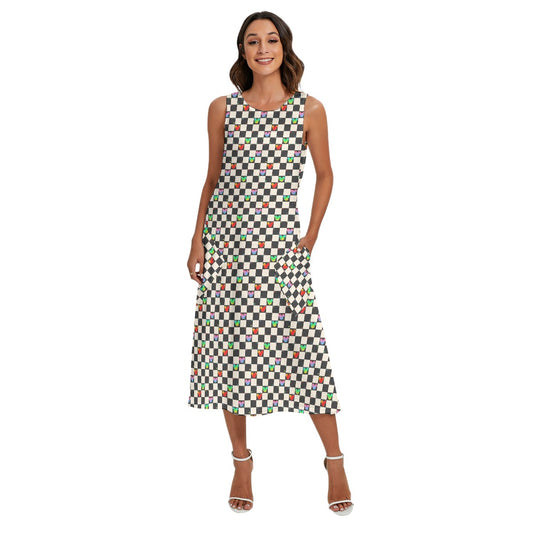 Rainbow Checker Mouse Ears - Women’s Diagonal Pocket Midi Dress