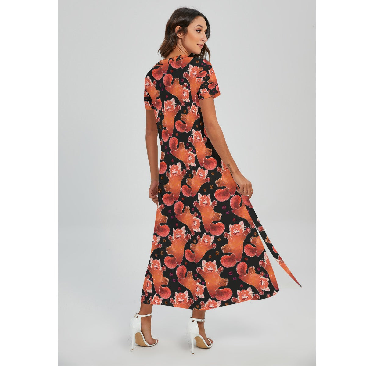 Scribbly Red Panda - Women's V-Neck Side Split Maxi Dress